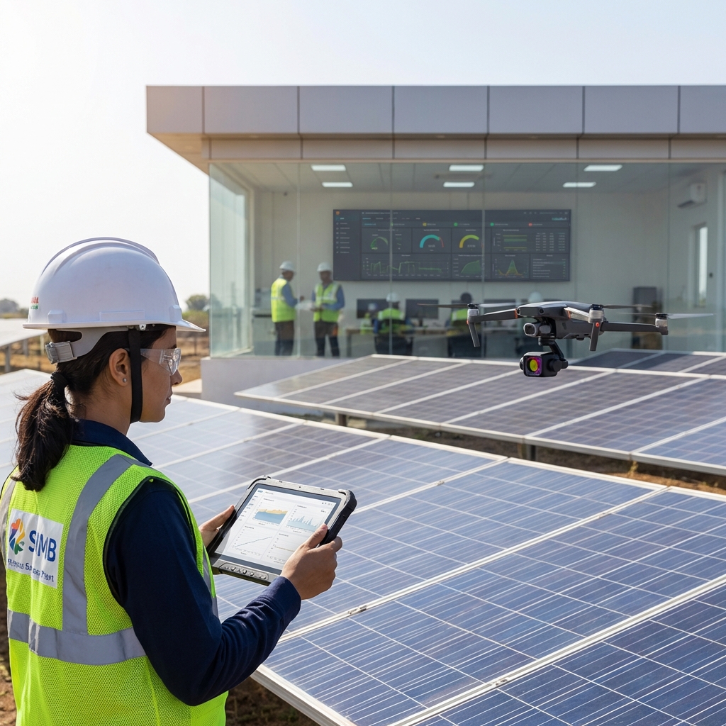 Operations and maintenance team monitoring solar plant performance via SCADA systems